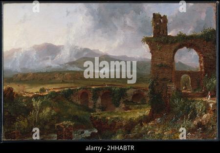 A View Near Tivoli (mattina) 1832 Thomas Cole American Cole nacque in Inghilterra e fece due successive visite estese in Europa, dove dipinse vedute del paesaggio per vedere con i suoi panorami americani. Il paesaggio d'Italia lo interessò in modo particolare, e si attingeva alle convenzioni artistiche di maestri europei come Claude Lorrain per ritrarlo. Nella primavera del 1832, fece disegni nella Campagna romana, ma non dipinse questa tela fino a quando non tornò a Firenze nel mese di giugno. Più tardi, nel 1834, descrisse l'opera in una lettera: "Una vista vicino a Tivoli, che rappresenta un ponte, e una parte di un Foto Stock