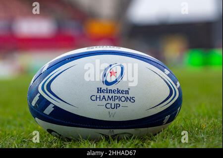 Limerick, Irlanda. 24th Jan 2022. Palla ufficiale durante la Heineken Champions Cup, Round 4, Pool B Match tra Munster Rugby e Wasps al Thomond Park di Limerick, Irlanda il 23 gennaio 2022 (Foto di Andrew SURMA/ Credit: Sipa USA/Alamy Live News Foto Stock