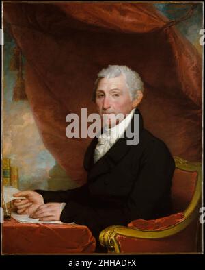 James Monroe ca. 1820–22 Gilbert Stuart American il quinto presidente degli Stati Uniti, James Monroe, era un Virginiano che godeva dei vantaggi di essere discepolo e protégé politico di Thomas Jefferson. Prima di diventare presidente, aveva ricoperto molti incarichi diplomatici, tra cui il servizio di ambasciatore in Francia e in Inghilterra. L'anno dopo che questa immagine è stata completata, ha pubblicato la famosa Dottrina Monroe, una dichiarazione contro qualsiasi intervento da parte dei governi stranieri negli affari dell'emisfero. I tre quarti si posano ad una scrivania con libri e carte, il drappeggio billowing e la lib Foto Stock