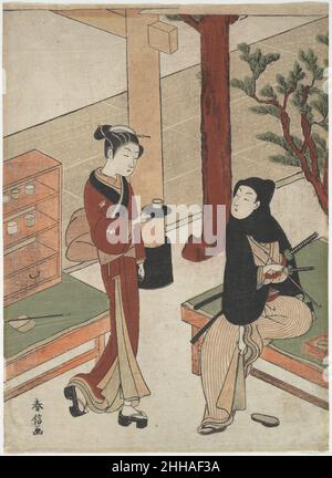 Osen in attesa di un giovane Samurai ca. 1770 Suzuki Harunobu Giapponese la cresta di famiglia della paulownia sul suo kimono e la porta torii parzialmente visibile identificano l'oggetto di questa stampa come Osen, graziosa cameriera della casa da tè Kagiya all'ingresso del Santuario Kasamori Inari. Un giovane samurai, due spade in vita, si siede su una panchina in una posa rilassata e gira il viso per guardare in su Osen, che si avvicina per servirgli il tè. La bella Osen e il bel gallant sono il quadro stesso di Edoites elegante dalla metà del XVIII secolo. Osen in attesa di un giovane Samurai 40991 Foto Stock