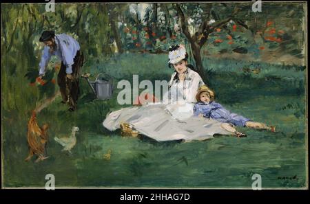 La famiglia Monet nel loro giardino a Argenteuil 1874 Edouard Manet francese in luglio e agosto 1874 Manet vacaited alla sua casa di famiglia a Gennevilliers, proprio di fronte alla Senna da Monet a Argenteuil. I due pittori si videro spesso in quell'estate, e in più occasioni si unirono a Renoir. Mentre Manet stava dipingendo questa foto di Monet con sua moglie Camille e il loro figlio Jean, Monet dipinse Manet al suo cavalletto (luogo sconosciuto). Renoir, arrivato proprio come Manet stava cominciando a lavorare, prese in prestito vernice, pennelli e tela, si posizionò accanto a Manet, e dipinse Madame M. Foto Stock