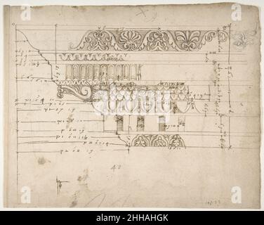 Arco di Camigliano, cornicione, elevazione di profilo, dettagli ornamentali (recto) non identificati, capitale dorico; Arco di Camigliano, cornicione, profilo, Schizzo (verso) inizio a metà del 16th secolo disegnato da Anonimo, francese, 16th secolo francese. Arco di Camigliano, cornicione, elevazione di profilo, dettagli ornamentali (recto) non identificati, capitale dorico; Arco di Camigliano, cornicione, profilo, schizzo (verso) 362575 Foto Stock