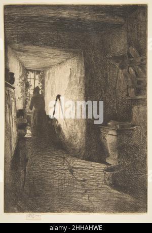 The Kitchen [1858] ripubblicato 1885 James McNeill Whistler American questa immagine di una cucina rustica a Lutzelbourg, una città in Alsazia, appartiene ad un gruppo di incisioni noto come il "set francese". Furono le prime stampe pubblicate da Whistler, pubblicate a Parigi nel 1858 da Auguste Delâtre e formalmente intitolate 'Douze eaux-fortes d'après nature' (dodici Etchings from Nature). L'artista ventunenne si era trasferito a Parigi da Washington, D.C., tre anni prima. Incoraggiato dal cognato britannico, l'etcher dilettante Seymour Hayden, Whistler viaggiò attraverso la Francia nord-orientale e la Renania, Foto Stock