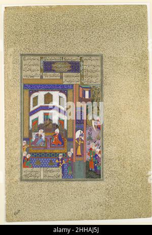 'Mihrab Venta la sua ira su Swindkht', Folio 83v dal Shahnama (Libro dei Re) di Shah Tahmasp ca. 1525–30 Abu'l Qasim Firdausi quando Mihrab di Kabul sentì per la prima volta la storia segreta d'amore di sua figlia Rudaba con Zal, voleva ucciderla, ma sua moglie Swindkht lo convinse che Sam, padre di Zal, aveva accettato l'alleanza. Ora, quando Mihrab imparò che Shah Manuchihr aveva ordinato a Sam di distruggere la sua casa, la rabbia di Mihrab si alzò nuovamente contro sua moglie per aver falsamente seduto i suoi timori precedenti. Swindkht suggerì poi di visitare Sam al suo campo, portando doni dal tesoro di Mihrab. Disperato Foto Stock