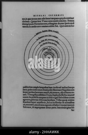 Diagramma del sistema solare con sette pianeti in orbite circolari, la terra come numero V, Telluris; e testo circostante Foto Stock