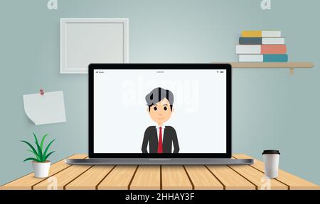 Rimanete a casa lavorando da casa. Uomo d'affari che parla da iVideo conferenza. Streaming, chat Web, incontri online con gli amici. Coronavirus, quarantena. Illustrazione Vettoriale