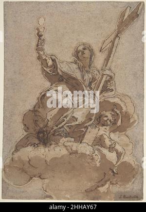 Figura allegorica della fede 1672 Giovanni Battista Gaulli (il Baciccio) Baciccio italiano ha disegnato gli affreschi nella volta di Santa Marta al Collegio Romano a Roma intorno al 1672. La decorazione fu concepita come una serie di tre tondi, ciascuno incorniciato da pendenti con personificazioni di virtù. Questo studio è per una delle figure allegoriche, la fede. Il disegno è stato identificato da Maria Vittoria Brugnoli (1966: Vedi qui 'riferimenti') come studio di Galli per la figura allegorica della fede che appare in una sezione triangolare della volta nella chiesa di Santa Marta al Collegio Romano a Roma. Foto Stock