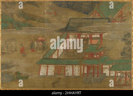 Escursioni dalle quattro Porte Cardinali: Incontro con le quattro sofferenze della nascita, della vecchiera, della malattia, E morte dalla vita di Buddha inizio 15th secolo Giappone qui, la verità fondamentale che la sofferenza è l'essenza della vita è trasportata in modo affascinante nella storia delle escursioni del giovane principe dal palazzo, dove aveva goduto una vita riparata di abbondanza e di piacere. Nell'iconografia canonica della vita del Buddha, egli incontra prima un uomo anziano, poi un malato, poi un cadavere e infine un ascetico che ispira il principe ad abbandonare la vita nel palazzo per cercare la verità. Tuttavia, in Foto Stock