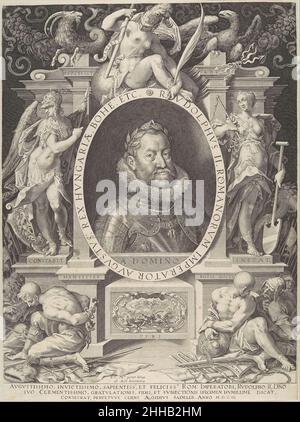 Ritratto di Rudolph II 1603 Aegidius Sadeler II Netherlandish questo ritratto allegorico dell'imperatore romano Rudolf II fu inciso da Aegidius Sadeler dopo un dipinto di Hans von Aachen. Indossando la corona di alloro del vincitore e vestita in corazza con una chiusura recante le insegne dell'ordine del vello d'oro, Rudolf II è rappresentato come un imperatore trionfante. Egli è descritto nell'iscrizione che circonda il ritratto ovale come Augusto. L'aquila e la capra a coda di pesce in cima alla stampa sono emblemi che sono stati effettivamente utilizzati dal primo imperatore romano, così come dall'illuso di Rudolf Foto Stock