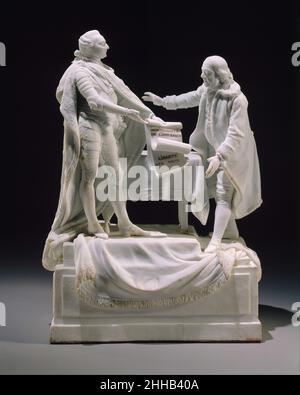 Figura di Luigi XVI e Benjamin Franklin 1780–85 Charles-Gabriel Sauvage, chiamato Lemire pere questo gruppo di figure in porcellana non smaltata raffigura il re francese Luigi XVI e lo statista americano Benjamin Franklin commemorando la firma di due trattati tra Francia e Stati Uniti nel 1778. Inscritti 'INDEPENDENCE DE l'AMERIQUE' e 'LIBERTÉ DES MERS', la porcellana celebra i trattati che riconoscono l'indipendenza americana e garantiscono il diritto al commercio tra le due nazioni senza interferenze britanniche. Luigi è raffigurato in abito cerimoniale, e Franklin in garb pianura mostra il Foto Stock