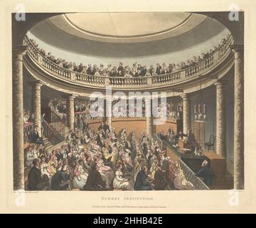 Surrey Institution 1 settembre 1809 progettato e inciso da Thomas Rowlandson British per incoraggiare una conoscenza della scienza, della musica e della letteratura, il Surrey Institution è stato fondato con abbonamento privato nel 1807, modellato sulla Royal Institution che esisteva dal 1799. Locali adatti sono stati trovati nel Rotunda Building, a sud del Tamigi, vicino al lato Surrey del Blackfriars Bridge. Joseph T. Parkinson è stato impiegato per rinnovare la struttura decaduta, e i risultati sono stati una sala conferenze che ha seduto 500 (visto qui), prestito biblioteca e sala lettura, laboratorio chimico, co Foto Stock