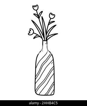 Vaso carino con fiori isolati su sfondo bianco. Illustrazione vettoriale disegnata a mano in stile doodle. Perfetto per carte, decorazioni, logo. Illustrazione Vettoriale