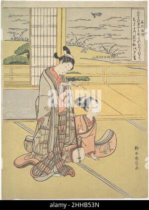 Un giovane uomo e una donna con uno Shamisen; Monk Saigyō, da una serie che allude ai tre poemi serali (Sanseki waka) ca. 1768 Suzuki Harunobu Giapponese il paesaggio al di là della ringhiera di una veranda raffigura la scena descritta nella poesia allegata. Due giovani appaiono distratti e isolati l'uno dall'altro: L'uomo che tiene quella che sembra essere una lettera d'amore e la donna seduta che tiene un samisen, uno strumento a tre corde associato ai quartieri del piacere. Nel cartouche, nell'angolo superiore, è iscritta una famosa waka (poema da corte trentuno-sillabe) del monaco-poeta medievale Saigyō Foto Stock