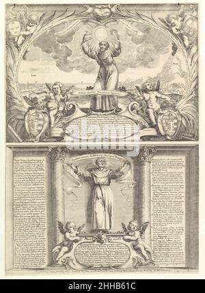 Decorazione per una Tesi in onore di San Francesco Solano in due parti: La parte superiore con San Francesco Solano con le braccia alzate e un sole nelle mani con il Monte Potosí a destra, La parte inferiore con il medico della chiesa che regge una bandiera e due putti al di sotto del 1639 Stefano della Bella Italian questa stampa estremamente rara è stata fatta per una tesi teologica di difesa che si è svolta nel convento francescano di Roma di Santa Maria in Aracoeli nel 1639. L'evento è stato dedicato al giurista e diplomatico spagnolo Buenaventura de Salinas y Córdoba (1592-1653) e ha celebrato il frate spagnolo Francesco Solano Foto Stock