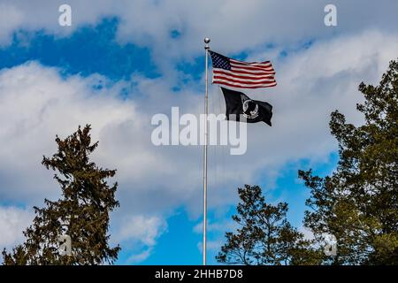 Bandiere che volano sopra il cimitero nazionale di Gettysburg, Pennsylvania, Stati Uniti Foto Stock