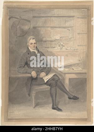 Ritratto di un uomo, seduto di fronte ad una scrivania 1795–1800 Henry Edridge British nel 1790s Edridge fu un propugnatore di un nuovo tipo di ritratto a tutta lunghezza su piccola scala disegnato in grafite e finito con inchiostro e acquerelli. Questo esempio impressionante raffigura un gentiluomo di paese al lavoro nel suo studio; l'artista enfatizza la sua libreria aggiungendo una striscia di carta in cima. Un piccolo vaso vicino alla spalla della sitter suggerisce il suo amore per gli spazi aperti, una caricatura ruvida sul muro introduce una nota di umorismo, e una scala sospesa collassata in alto a sinistra accenna alla praticità di eseguire un Foto Stock