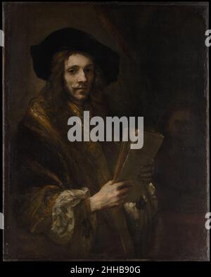 Ritratto di un uomo ('l'Auctioneer') probabilmente ca. 1658–62 seguace di Rembrandt olandese Rembrandt aveva un grande studio con molti allievi che emulavano il suo stile e persino la sua firma. Di conseguenza, il feroce dibattito sull'authorship dei suoi dipinti continua oggi. Questo lavoro è stato universalmente attribuito a Rembrandt fino a quando gli studiosi lo 'hanno decritto' nel 1982, sostenendo che la resa dello spazio, della texture e dell'anatomia suggerisce una sapiente imitazione da parte di un artista sconosciuto. In mancanza di documentazione o di prove conclusive da parte dell'analisi tecnica, il dibattito prosegue. Ritratto di un uomo ('l'Auctioneer') 437 Foto Stock