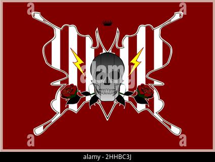 Magus del teschio dello zucchero, Festival dell'equinozio di primavera, cranio di Grinning, due rose rosse, due bulloni di fulmine gialli, Moth a strisce con BKG rosso (etichette, libri, ecc.) Illustrazione Vettoriale