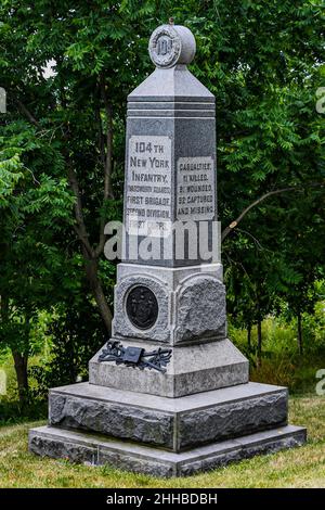 Monumento al 104th New York Volunteer Fanttry Regiment (Wadsworth Guards), Gettysburg National Military Park, Pennsylvania USA Foto Stock