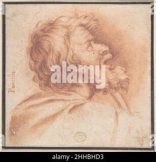 Capo dell'uomo anziano Bearded mostrato in Profilo, Looking Up 17th Century Anonimo, Italiano, Romano-Bolognese, 17th secolo Italiano. Testa di uomo anziano con lacrime mostrata in Profilo, Looking Up. Anonimo, italiano, romano-bolognese, 17th secolo. 17th secolo. Gesso rosso su carta cremosa. Rettificato controprova?. Disegni Foto Stock