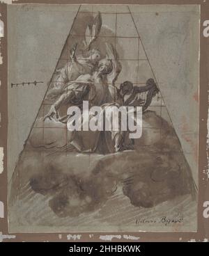 Re Davide con Angeli ca. 1625–26 Morazzone (Pier Francesco Mazzucchelli) italiano la monumentale figura seduta di Davide che punta verso il basso mentre riceve ispirazione da un angelo in alto a sinistra domina questa scena; sullo sfondo destro si può distinguere la figura giovanile di un angelo che suona l'arpa. Questo disegno dimostrativo, squadrato e relativamente finito (‘odello’) fu preparatorio per un affresco su uno degli spandrelli che sostenevano la cupola della Cattedrale di Piacenza, dipinto da Morazzone nel 1625-26, poco prima della sua morte. Gli affreschi sono stati lasciati incompiuti da Morazzone e dal resto com Foto Stock