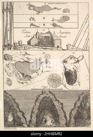 Fodina argentea Sahlensis – A Silver Mine at Sala - i (da Aubry de la Mottraye 'Viaggi in tutta Europa, Asia e in parte dell'Africa...,' London, 1724, vol. II, pl. 33, n. 1) 1723–24 William Hogarth British Hogarth fece questa stampa all'inizio della sua carriera per illustrare un libro di viaggio dell'autore francese Aubry de la Mottraye. Le sezioni dell'immagine mostrano piani e mappe, una vista degli edifici e uno schema dell'ascensore. Di seguito sono riportate le viste degli uomini che lavorano nei tunnel. Fodina argentea Sahlensis – Una miniera d'argento a Sala - i (da Aubry de la Mottraye 'Viaggi in tutta Europa, Asia e in parte di Foto Stock