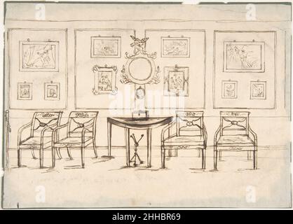 Interno con quattro poltrone, uno specchio rotondo, tavolo Demilune e stampe incorniciate o disegni fine 18th secolo Anonimo, britannico, fine 18th secolo britannico. Interno con quattro poltrone, uno specchio rotondo, tavolo Demilune e stampe incorniciate o disegni 387057 Foto Stock