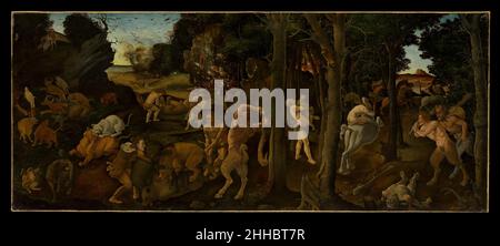 Una scena di caccia ca. 1494–1500 Piero di Cosimo (Piero di Lorenzo di Piero d'Antonio) Italian questa foto e il suo compagno (anche nella collezione del Met) riimmaginano la storia antica dell'umanità e sono tra le opere più singolari del Rinascimento. La loro ispirazione fu il quinto libro di De Rerum natura del poeta e filosofo epicureo Lucrezio (ca. 99–55 A.C.). Un manoscritto dell'opera di Lucrezio fu scoperto nel 1417 e pubblicato a Firenze nel 1471-73. Lucrezio credeva che il funzionamento del mondo possa essere rappresentato da cause naturali piuttosto che divine, e propose un v Foto Stock