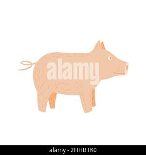 Maiale isolato su sfondo bianco. Divertente fumetto colore rosa in stile doodle illustrazione vettoriale. Illustrazione Vettoriale