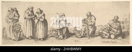 Sei Beggars uomini e donne 1630 Wenceslaus Hollar placca boema 4 di 4 stampe di Beggars dopo Callot. Due mendicanti maschi e quattro femmine seduti e in fila in un paesaggio; la donna a sinistra allattando un bambino e portando un bambino sulla schiena, un ragazzo che cammina accanto a lei. Sei mendicanti uomini e donne 360653 Foto Stock