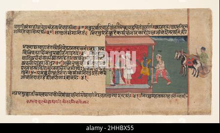 Krishna porta il Messaggero Akrura dentro la Casa di Nanda: Pagina da un disperso Bhagavata Purana manoscritto ca. 1620–30 India (Rajasthan, Mewar) Akrura fu inviato dal malvagio re Kamsa per invitare Krishna e Balarama ad una funzione nel suo palazzo. Durante il viaggio per raggiungere gli dei, Akrura diventa un devoto fervente e quindi rivela il piano del malvagio re di farli uccidere. Come per molte pagine di questo manoscritto, le iscrizioni sulla superficie dipinta identificano i caratteri rappresentati; questa caratteristica, insieme alle composizioni semplificate, potrebbe suggerire che questo manoscritto fosse comm Foto Stock