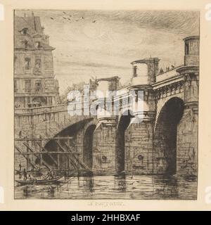 Pont-Neuf, Parigi 1853 Charles Meryon francese questa impressione della stampa Pont-Neuf mostra i cambiamenti significativi che Meryon ha fatto alla sua piastra di incisione dal settimo al decimo stato. Bruciando, o spianando fuori, il rame, ha cancellato il fumkestack e il gruppo di edifici vicini che possono essere visti sullo sfondo di uno stato precedente. Poi ha riinciso l'architettura di sfondo a un profilo molto più basso. Questi aggiustamenti sottolineano le boutiques semicircolari in pietra che costeggiano il ponte, che erano in realtà in fase di rimozione quando Meryon scelse questo argomento per il suo prin Foto Stock