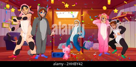 Kigurumi pajama party in soffitta casa, giovani in costumi animali di maiale, gatto, squalo, mucca e panda, divertirsi con gli amici, fare pasticcio con confetti, cuscini e musica, Cartoon vettore illustrazione Illustrazione Vettoriale