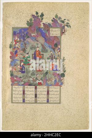 'La Festa di Sadaa', Folio 22v dallo Shahnama (Libro dei Re) di Shah Tahmasp ca. 1525 Abu'l Qasim Firdausi nel regno di Hushang, nipote di Gayumars, il mondo venne a capire l'utilità dei minerali e le arti della macerie, dell'agricoltura e dell'irrigazione. Un giorno, Hushang spiò un drago che si aggirava dietro le rocce. Gli fece un colpo di pietra, che mancava il mostro ma colpì una roccia più grande, causando scintille a volare. Realizzando il significato di questo fenomeno, Hushang costruì un grande fuoco e tenne una festa per celebrare la sua scoperta. Le rappresentazioni spiritose ma benevoli di persone e animali Foto Stock