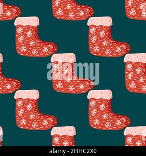 Calza regalo rossa con fiocchi di neve ornamento motivo senza cuciture. Elementi carini su sfondo turchese scuro. Stampa vettoriale piatta per tessuti, tessuti, giftwrap, w Illustrazione Vettoriale