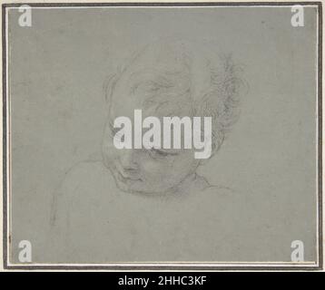 Bust-Length Study of a Child 1708–87 Pompeo Batoni Italian tratto dopo la vita, questo delicato studio rende la testa e le spalle del bambino con il tranquillo naturalismo che sembra caratteristico di Batoni, il portraitista eminente nella tradizione neoclassica. Nato a Lucca, Batoni ottenne una fenomenale reputazione internazionale come pittore, soprattutto come ritrattista, e per decenni fu una figura di spicco nei circoli sociali e intellettuali di Roma durante l'Illuminismo. Il Museo possiede altri due disegni di Pompeo Batoni, uno dei quali è un foglio di studi di figure della stessa data Foto Stock