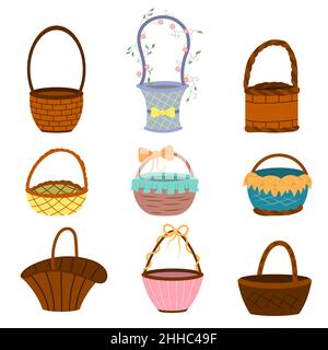 Una serie di cesti di vimini, vettore isolato su sfondo bianco Illustrazione Vettoriale