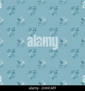 Motivo vintage senza cuciture con piccole silhouette floreali. Stampa botanica blu. Disegno grafico per avvolgere le texture di carta e tessuto. Vet Illustrazione Vettoriale