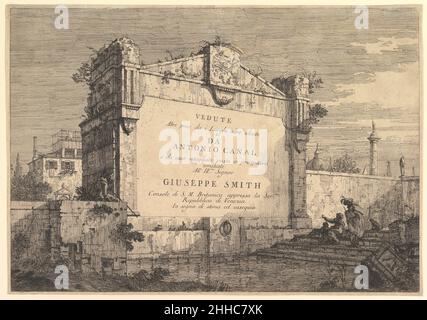 Targa di 'vedute oltre le prese da i luoghi altre ideate', con titolo e informazioni di pubblicazione inscritti in una targa a muro ai margini di un canale 1735–46 Canaletto (canale Giovanni Antonio) Italiano. Targhetta del titolo di 'vedute oltre presse da i luoghi altre ideate', con titolo e informazioni di pubblicazione inscritti in una placca da parete ai margini di un canale 411280 Foto Stock