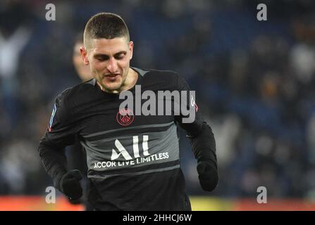 La gioia di Parigi Saint-Germain Marco Verratti durante la partita di calcio francese del L1 tra Parigi Saint-Germain (PSG) e Reims allo stadio Parc des Princes di Parigi, Francia, il 23 gennaio 2022. Foto di Christian Liewig/ABACAPRESS.COM Foto Stock