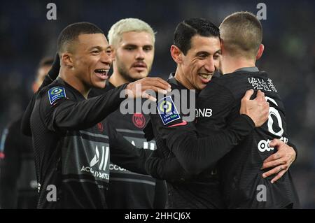 La gioia di Parigi Saint-Germain Marco Verratti durante la partita di calcio francese del L1 tra Parigi Saint-Germain (PSG) e Reims allo stadio Parc des Princes di Parigi, Francia, il 23 gennaio 2022. Foto di Christian Liewig/ABACAPRESS.COM Foto Stock