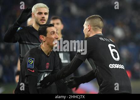 La gioia di Parigi Saint-Germain Marco Verratti durante la partita di calcio francese del L1 tra Parigi Saint-Germain (PSG) e Reims allo stadio Parc des Princes di Parigi, Francia, il 23 gennaio 2022. Foto di Christian Liewig/ABACAPRESS.COM Foto Stock