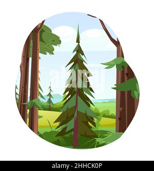 Pino. Piccolo paesaggio naturale. Illustrazione in stile cartoon design piatto isolato su sfondo bianco. Vettore. Illustrazione Vettoriale