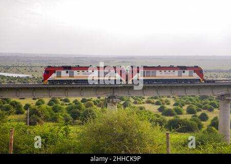 Treno cargo sulla ferrovia di Nairobi Mombasa visto dal Parco Nazionale di Nairobi, Kenya Foto Stock