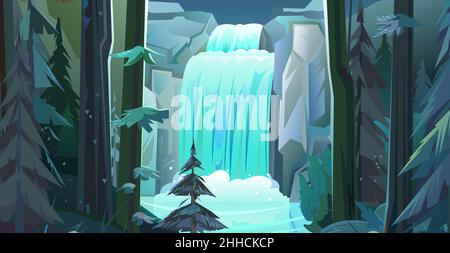 Paesaggio chiaro con cascata tra le rocce. Ore notturne. Tra pini conifere. La cascata fruscii verso il basso. Flusso d'acqua. Bello stile cartoon. Illustrazione Vettoriale