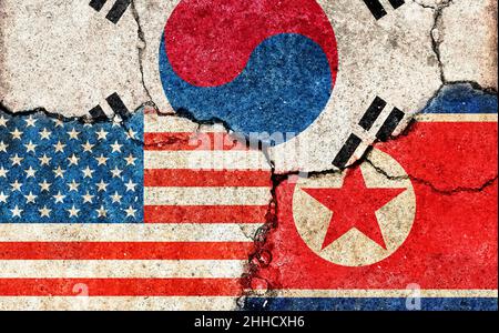 Il grunge bandiere illustrazione di tre paesi con i problemi politici e di conflitto (fondo concreto incrinato) | Stati Uniti, corea del Sud e corea del Nord Foto Stock