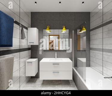 Interno di un bagno compatto in un edificio di blocco, in toni di grigio - 3D rendering Foto Stock