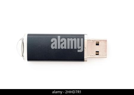 Unità flash USB nera isolata in bianco, vista dall'alto Foto Stock