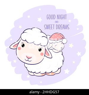 Pecora carina e agnello addormentato. Iscrizione buona notte e sogni dolci. Cartoon pecora - mamma e bambino. Può essere utilizzato per stampe di t-shirt infantile, asilo nido Illustrazione Vettoriale