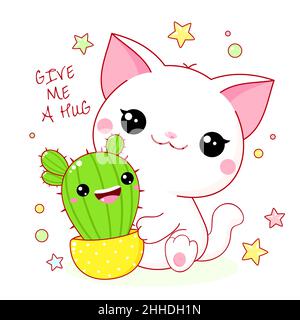 Carta carina in stile kawaii. Bel gatto bianco con cactus. Kitty e cactus in vaso di fiori. Iscrizione Dammi un abbraccio. Utilizzabile per t-shirt pri Illustrazione Vettoriale